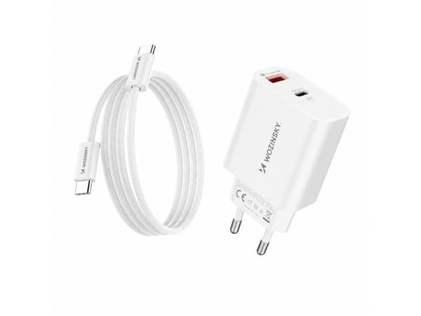 Wozinsky WLS-20W 20W USB-A USB-C Wall Charger with 1m USB-C - USB-C Cable - White