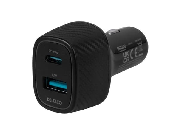 DELTACO - Bilstrømadapter - 63 watt - PD - 2 utgangskontakter (USB-C, USB)