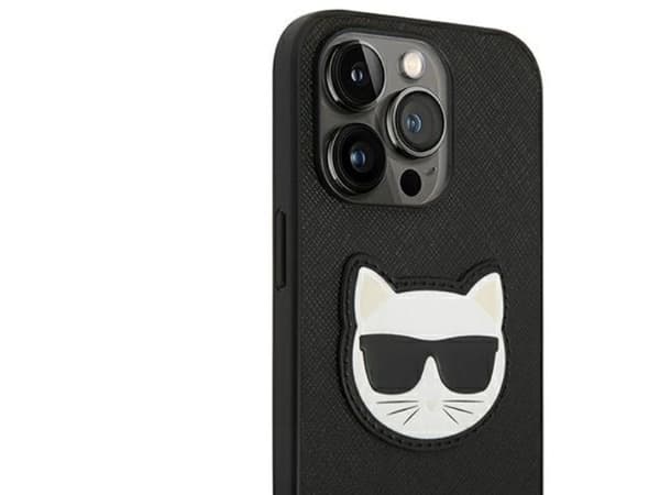 Karl Lagerfeld Saffiano Choupette Head patch-deksel til iPhone 14 Pro Max - svart