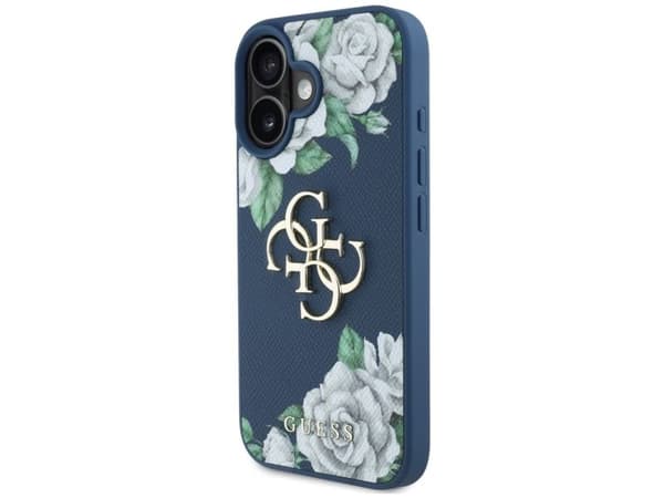 Original Guess-dekal Grained Roses Big 4G för Apple iPhone 16, blå