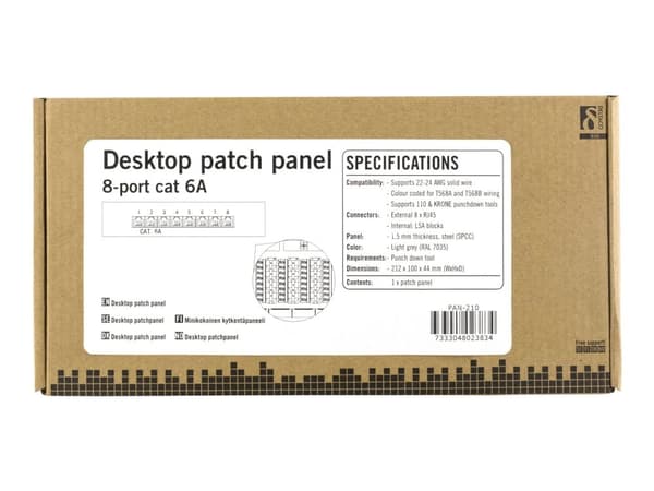 DELTACO PAN-210 - Patch-panel - väggmontering - CAT 6a - RJ-45 X 8 - grå