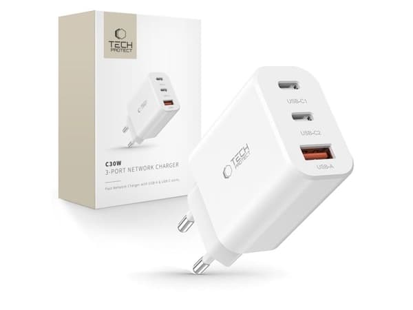 Tech-Protect NC30W-laddare 2x USB-C PD 30W / USB-A QC 3.0 - vit