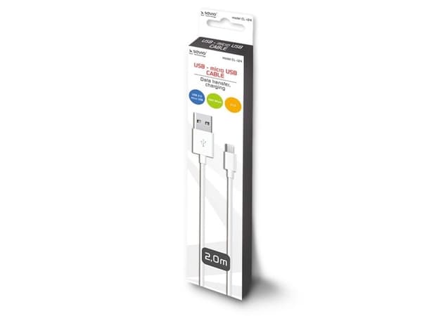 Savio CL-124, 2 m, USB A, Micro-USB B, USB 2.0, 480 Mbit/s, Valkoinen