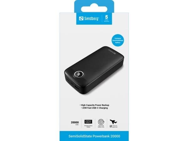 Sandberg 421-49, 20000 mAh, Semi-solid-state, 3,7 V, Svart