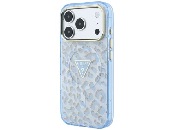 Guess IML Leopard Glitter Triangle Logo MagSafe Case for iPhone 17 Pro Max / 18 Pro Max - Blue