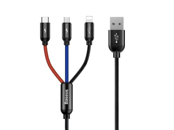 3-i-1 USB-kabel - USB-C, Lightning, micro USB, 120 cm, Baseus CAMLT-BSY01, opptil 3,5A