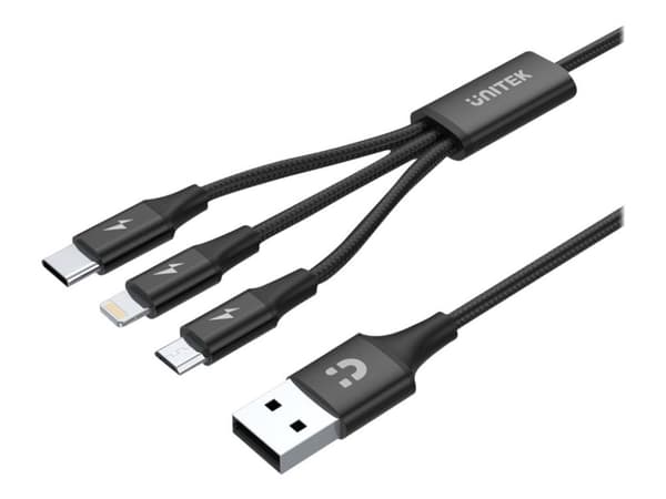 UNITEK C14049BK, 1,2 m, USB C, Micro-USB B/Lightning, USB 2.0, Musta