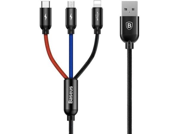 3-i-1 USB-kabel - USB-C, Lightning, micro USB, 120 cm, Baseus CAMLT-BSY01, opptil 3,5A