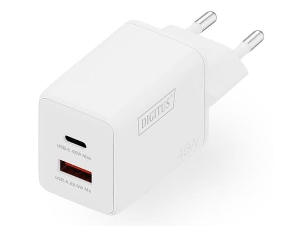 Digitus - Strömadapter - GaN - 45 Watt - 1.3 A - 2 utdatakontakter (USB-C, USB) - vit