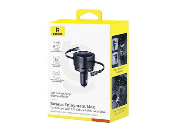 Baseus bil­lader Enjoyment Max USB-C+Lightning + USB-A+USB-C 90W svart