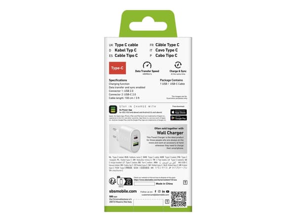 SBS TECABLEMICROC10W, 1 m, USB A, USB C, USB 2.0, 0,48 Gbit/s, valkoinen