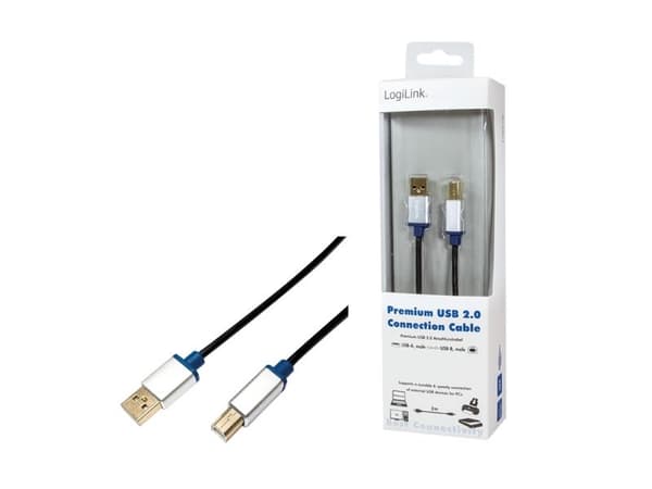 LogiLink 2m, USB2.0-A/USB2.0-B, 2 m, USB A, USB B, USB 2.0, Hankjønn/hankjønn, Sort