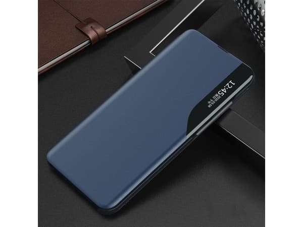 Eco Leather View-deksel med klaff og stativ til iPhone 16e / 17e - blå