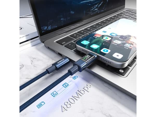 Choetech PD60W USB-C till USB-C-kabel med digitaldisplay 1,2 m nylon – blå