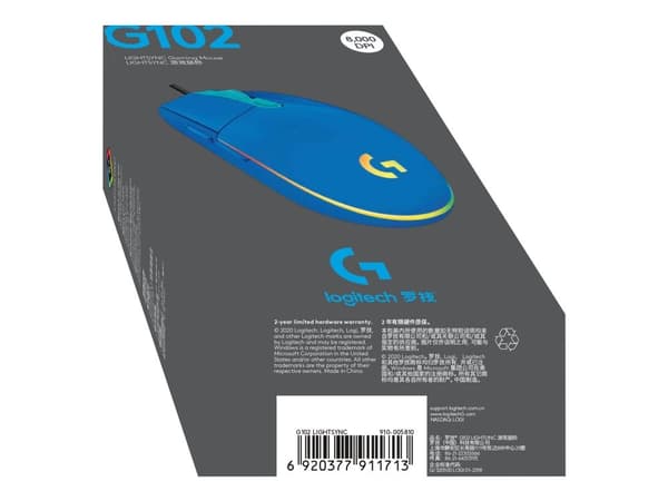 Logitech G G102 Lightsync, USB A-tyyppi, 8000 DPI, 1 ms, Sininen