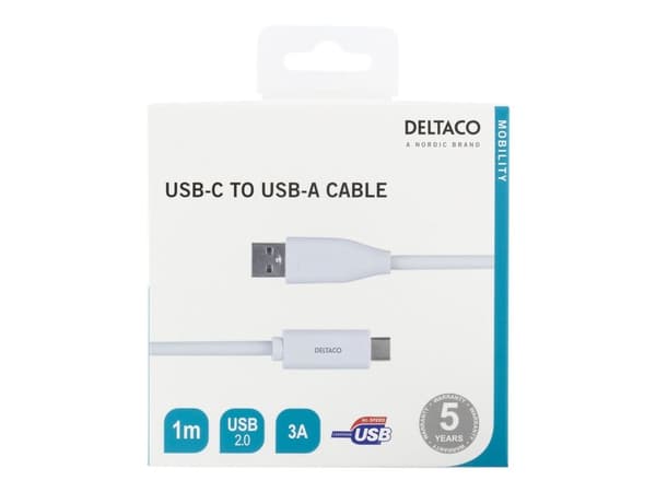 DELTACO USBC-1009M - USB-kabel - USB-C (hann) til USB (hann) - USB 2.0 - 3 A - 1 m - hvit