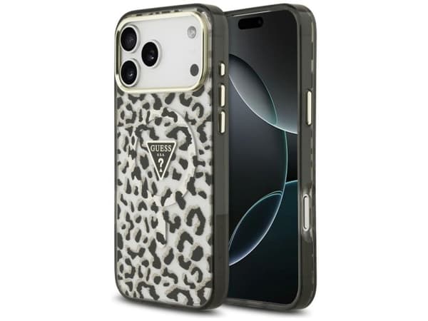 Guess IML Leopard Glitter Triangle Logo MagSafe Case for iPhone 17 Pro Max / 18 Pro Max - Black