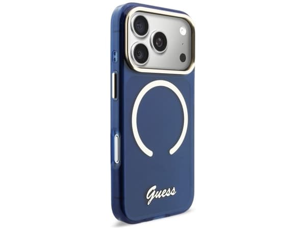Guess IML Script Metal MagSafe-etuiet til iPhone 17 Pro - blå