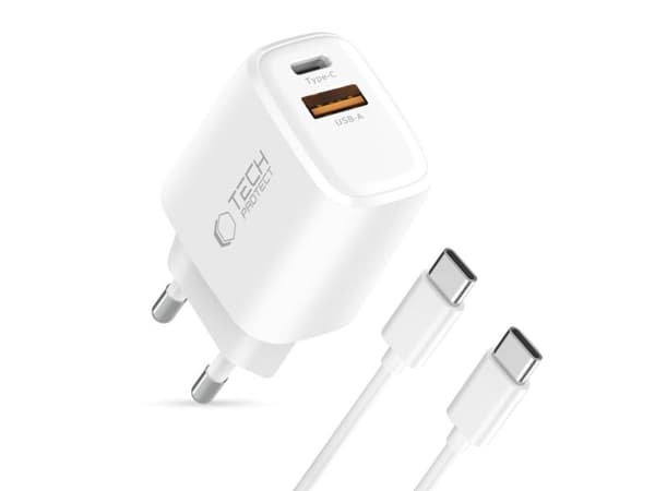Tech-Protect NCA30 PD 30W QC3.0 USB-A/USB-C vegglader + USB-C/USB-C-kabel 100 cm - Hvit