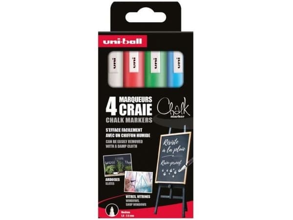 Uni chalk marker set 4 st PWE5 (vit, röd, grön, blå)