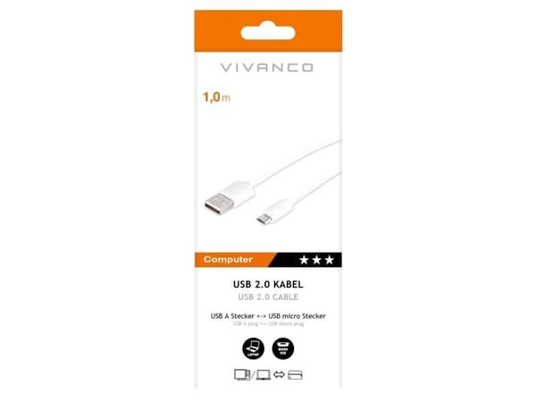 Vivanco VVITUSBMICUSBA10W, 1 m, USB A, Micro-USB B, USB 2.0, Valkoinen