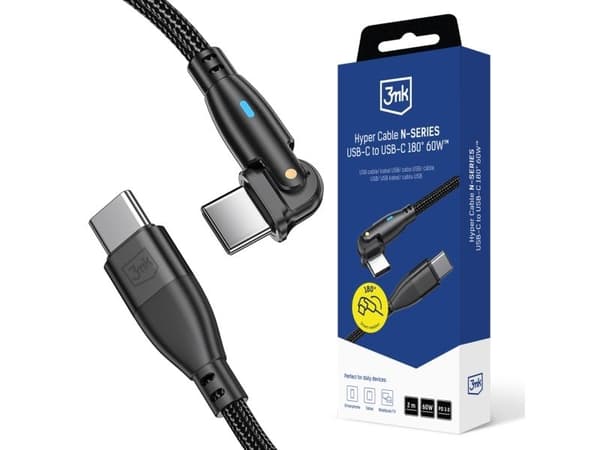 3MK Hyper Cable N-SERIES USB-C - USB-C 2m 20V/3A 60W pyörivä musta kaapeli