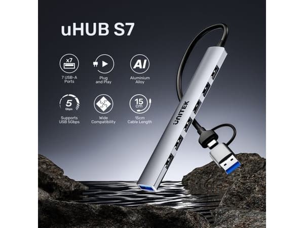 Unitek Hub USB-A/C 7in1 USB A ja USB A 5 Gbps -sovittimen kanssa