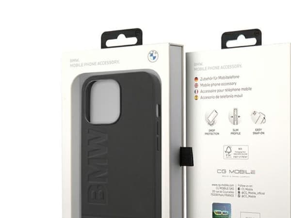 iPhone 14 Pro Max 6.7" lærstempel-etui BMW BMHCP14XSLLBK sort/sort