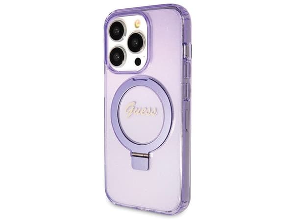Guess ring stand script glitter MagSafe-deksel for iPhone 14 Pro - lilla