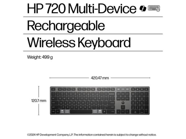 HP 720 Multi-Device Rechargeable Wireless Keyboard, Full størrelse (100 og), Trådløs, USB + Bluetooth, AZERTY, Svart