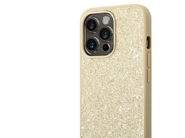 Guess Glitter Script kotelo iPhone 14 Pro - kultainen