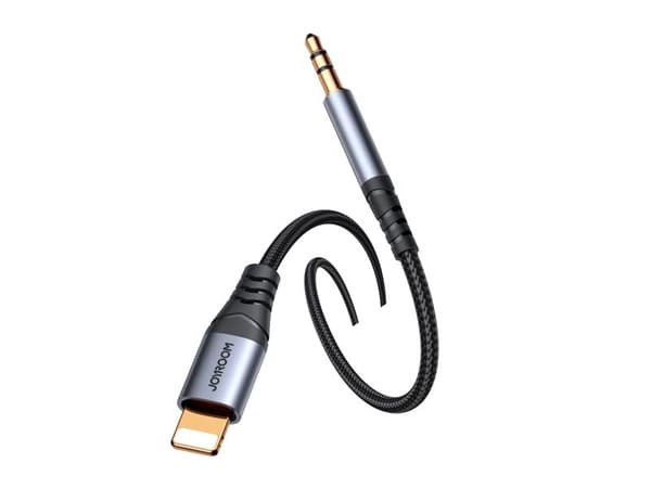 USB-kaapeli Joyroom Lightning til mini Jack 3,5 mm 1,2 m sort/grå (JYR874)