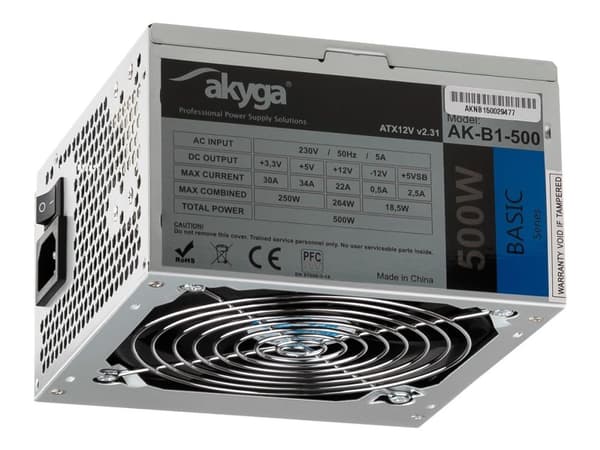 Akyga Basic Series AK-B1-500 - Strømforsyning (intern) - ATX12V 2.31 - AC 230 V - 500 watt - PFC - grå