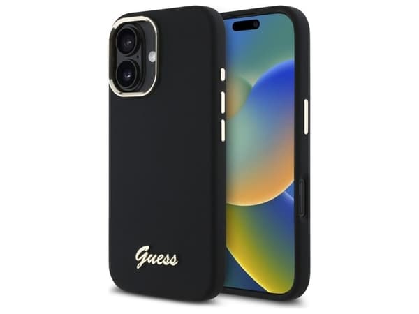 Guess silikone Script metall-logo & rammekappe til iPhone 16 - svart