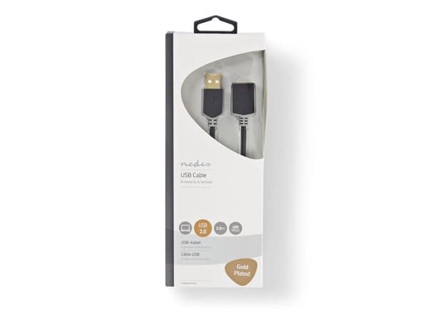 Nedis - USB forlængerkabel - USB (han) til USB (hun) - USB 2.0 - 2 m - formet, rund - antracit (sort)