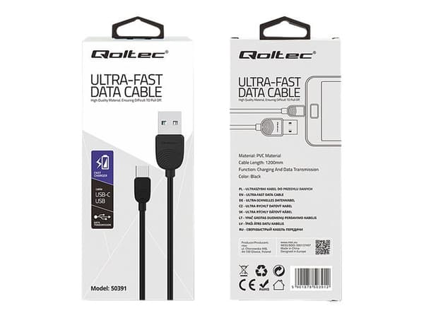 Qoltec - USB-kaapeli - USB-C (uros) - USB (uros) - 1,2 m - musta