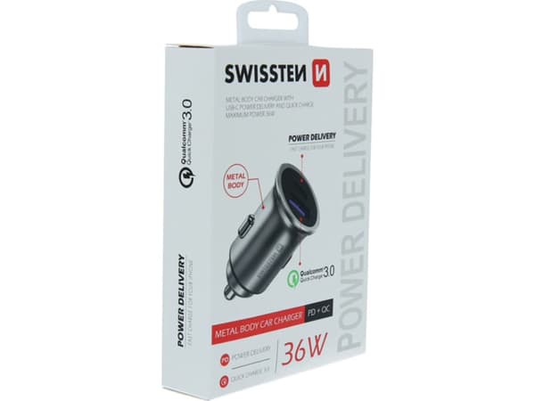Bil-lader Swissten 36W, 2 porter USB-C, USB-A