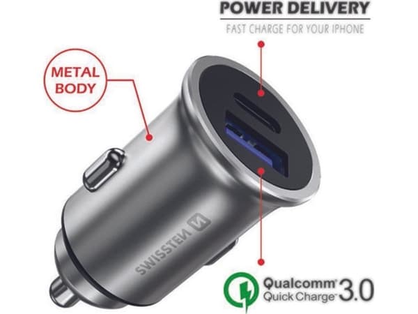 Bil-lader Swissten 36W, 2 porter USB-C, USB-A