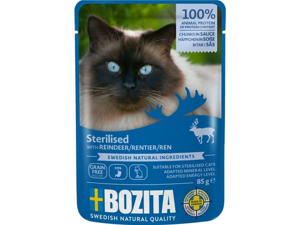 BOZITA Sterilised Kødstykker i sauce med rensdyr – vådfoder til kat – 85g