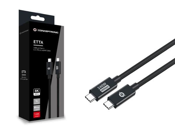 Conceptronic ETTA04B12, 1,2 m, USB C, USB C, USB4 Gen 3x2, 40000 Mbit/s, musta