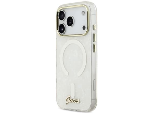 Guess IML Shell Script Metal MagSafe-deksel til iPhone 17 Pro Max - hvit