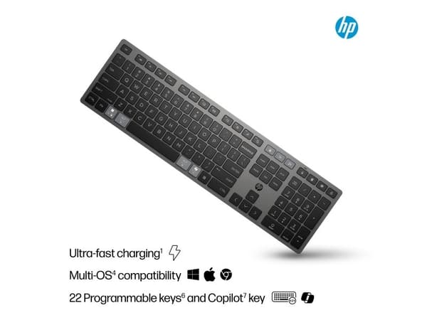 HP 720 Multi-Device Rechargeable Wireless Keyboard, Full størrelse (100 og), Trådløs, USB + Bluetooth, AZERTY, Svart