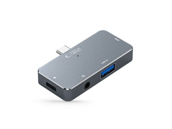 HUB Tech-Protect V6 4-i-1 USB-C - USB-A 3.0 / USB-C PD100W / HDMI / mini-jack 3,5 mm - grå
