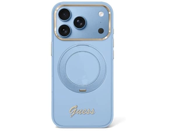 Guess IML Ring Stand 360 Script Metal Logo MagSafe Case for iPhone 17 Pro Max / 18 Pro Max - Light Blue