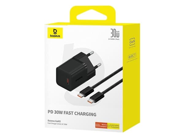 Baseus GaN5 mini 1C 30W lader EU + USB-C-kabel (cluster black)