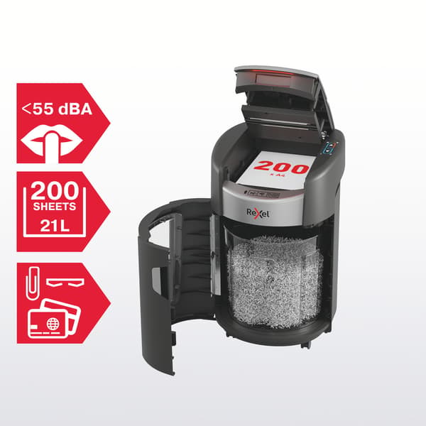 Rexel ShredMax AutoFeed+ 200M häftm press? (makulator) P5 mikrokrossning sort