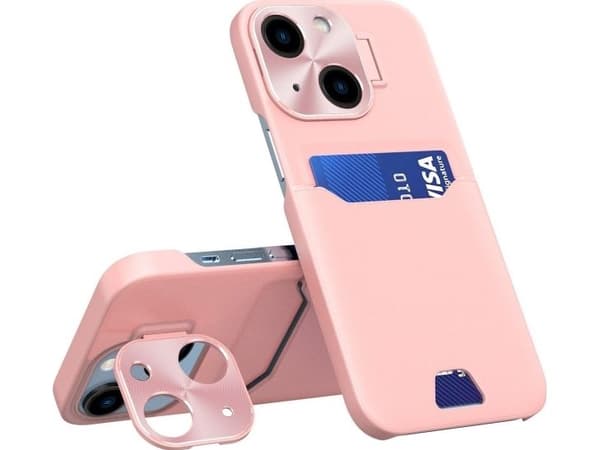 Lær stativ-deksel til iPhone 14 Plus - kortholder med stativ - rosa