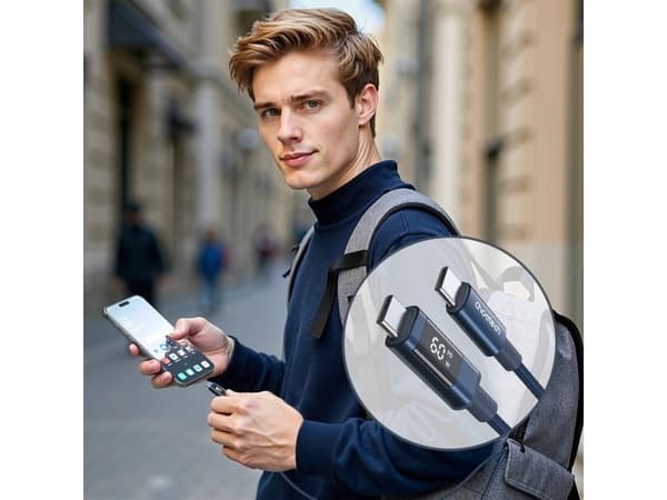 Choetech PD60W USB-C till USB-C-kabel med digitaldisplay 1,2 m nylon – blå