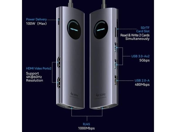 Vention USB-hubb 9-i-1 MST USB-C 4K 100W PD 5Gbps