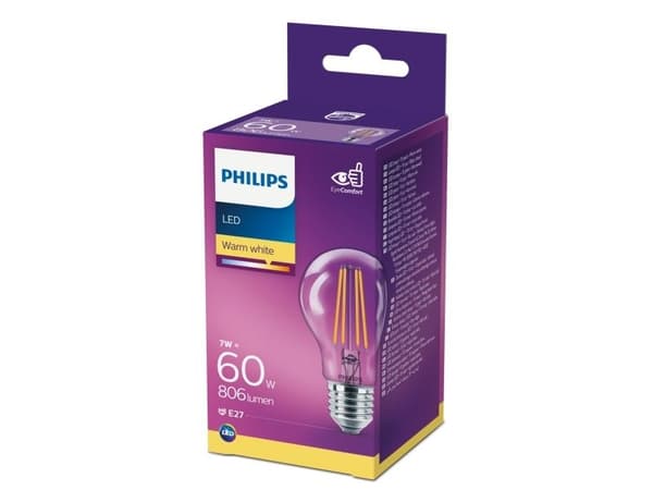 Philips Lyskilde, 7 W, 60 W, E27, A++, 806 lm, 15000 timer